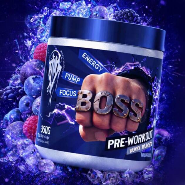 BOSS Pre-Workout Powder 350g Berry Burst - High Caffeine Energy Supplement with Beta Alanine, L-Citrulline, L-Arginine, L-Tyrosine, Betaine, Black Pepper Extract for Pump, Focus & Endurance - 50 Servings