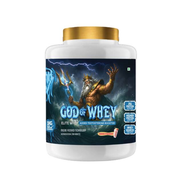 God of Whey Pro X Whey Protein | 25g Protein per Serving | Testosterone Support Formula with Ashwagandha, Tribulus & Mucuna Pruriens | 21 Vitamins & Minerals | Muscle Growth & Performance | Banana Strawberry